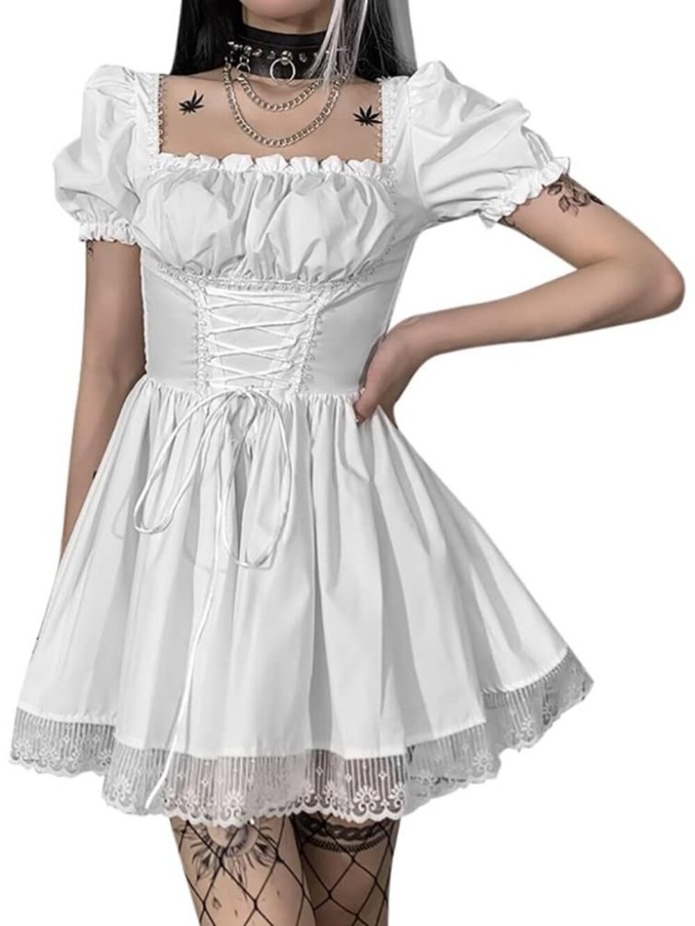 Women's Gothic Vintage White Lace Short Sleeve Grunge Punk Cosplay Party Dress